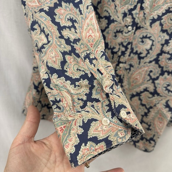 Chaps No Iron Button Front Shirt SZ 1X Blue Pink Paisley Cotton Long Sleeve Top - Picture 6 of 13